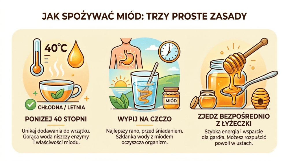Infografika „Jak spożywać miód: trzy proste zasady”. Zawiera trzy sekcje z ilustracjami i krótkimi poradami: